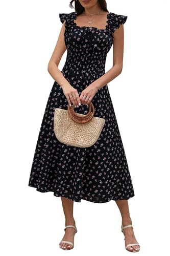 Image of Women's 2026 Spring Summer Floral Midi Dresses Square Neck Smocked Waist Beach Wedding Guest Long Flowy A Line Sundress