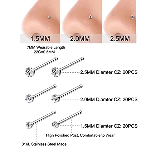 ORiTi Small Nose Rings Studs for Women and Men 316L Stainless Steel Crystal Nose Piercing Jewelry Nose Studs Ring Hoop Bone Studs Body Jewelry 20G 1.5MM 2.0MM 2.5MM 60pcs Silver