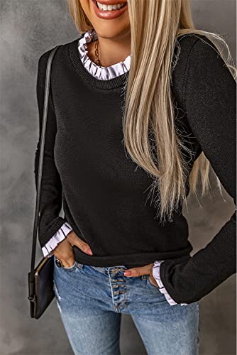 Malka Belle Women's Solid Ruffled Crew Neck Pullover Knitted Sweater (As1, Alpha, M, Regular, Regular) Black #TOP1