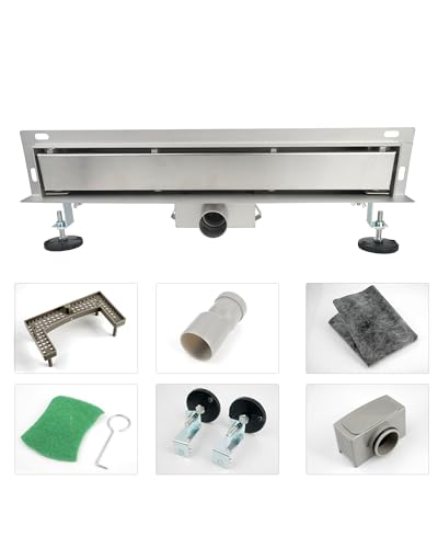 S SIENOC Duschrinne, Edelstahl Komplettset Wandablauf Wandmontage Befliesbar Haarsieb Rinne mit Siphon Montagefüße Inklusive Doppelkammer Bodenablauf (80CM)