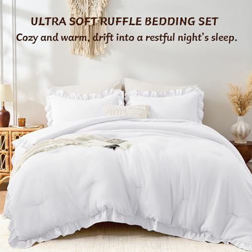 Image of FUANNA Queen Comforter Set White 3 Pieces, Ruffle Shabby Chic Queen Bed Set, Fluffy Lightweight Soft Bed in a Bag Queen for All Seasons, Farmhouse Bedding Comforter Sets(1 Comforter & 2 Pillowshams)