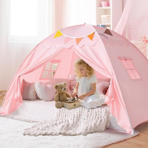 Sumbababy Toddler Twin Bed Tent Canopy: Lights & Flags Indoor Kids Play Tent -Bed Canopy Toddler Teepee Tents - Girls&Boys Playhouse Privacy Space Sleeping Tents Gifts (Twin Pink)