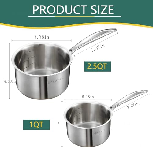 DELARLO Tri-Ply Stainless Steel Saucepan set With Lid 1.0QT And 2.5QT, Small Pot, Induction Cooking Pot Home Kitchen Sauce Pan,Dishwasher Safe & Oven Safe(Detachable Handle) - Thumbnail 3