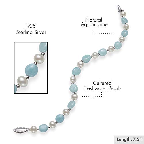 Belacqua Cultured Freshwater Pearl and Natural Milky Blue Aquamarine Strand Bracelet in Sterling Silver, Length - 7.5 Inches, Fishhook Clasp, Real Pearl Jewelry for Women, Gift Box Included2