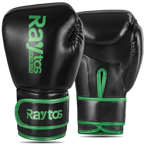 Raytos ボクシンググローブ - 高衝撃吸収 通気性 PUレザー 完璧なフィット感 3色展開 男女兼用 ックボクシング 空手 テコンドー 武術 格闘技 boxing gloves 8oz 10oz 12oz (グリ-ン, 14oz)（Amazon）