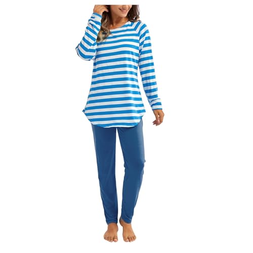 Pyjama für Damen, Winter, warm, mit langen Ärmeln, Hauskleidung, Pyjama, Damen, lang, zweiteilig, Loungewear, Winter, blau, 50