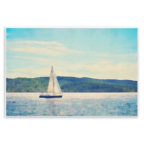 Stupell Industries Serene Summer Sailboat Drifting Ocean Hills, Design by Denise Brown, Blue, 19 x 13