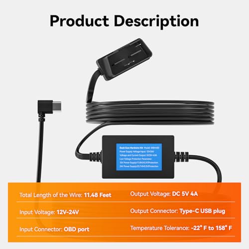 Image of WOLFBOX USB C 4A OBD Hardwire Kit 11.48ft for All WOLFBOX Dash Cams, Converting 12V-24V to 5V, with Battery Drain Protection
