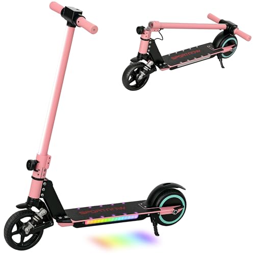 SPORTNOW Electric Scooter for Kids Foldable Scooter for Age 6-14 with Dual Brakes Up to 14 KM/H Maximum Range 6 KM 6.8kg Lightweight Front Suspension LED Colourful Lights Pink