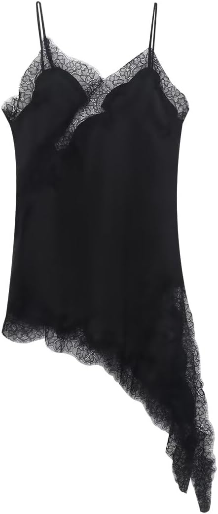 Silk Lace Trim Camisole Tops for Women Satin Layering Asymmetrical Tops Lace Patchwork Cami Tank Slip Dress - Image 8