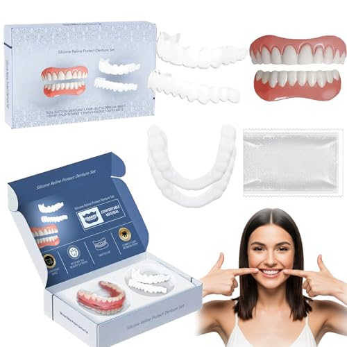 False Teeth Set, Silicone Dentures Teeth Top and Bottom, Clip in Veneers Teeth, Moldable False Teeth for Missing Broken Tooth, Comfortable Clip On Veneers Full Mouth Dentures Repair Kit