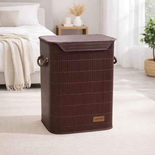 Image of Luxe Home Laundry Basket for Clothes, Premium Bamboo Big Storage Bag with Lid and Side Handle Multipurpose Used In Laundry Rooms, Bedrooms, Bathrooms (40x30x50 cm, Brown)