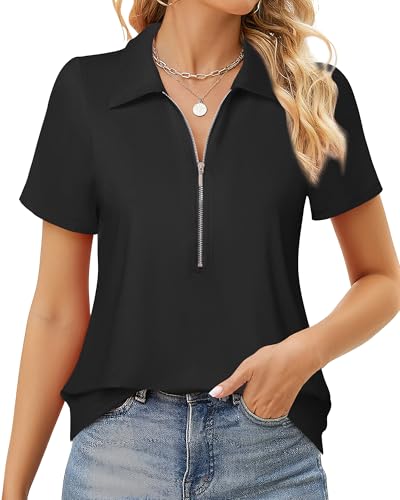 Vivilli Women's Polo Shirts Zipper Short Sleeve Business Casual Work Tops Summer Solid/Floral for Office,Golf& Vacation2
