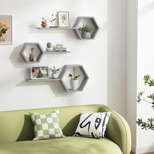 Image of Wooden Floating Wall Shelves Wall Mounted - Set of 6 Hexagon Shelves Display for Photos, Plants, Honeycomb Shelves for Living Room, Bedroom, Bathroom, Kitchen, Office (Grey)