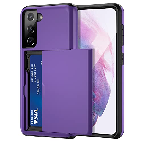 Jiunai for Samsung Galaxy S21 Case Wallet Credit Card IDs Cash Holder Slide Cover Dual Layer Hybrid Protective Hard PC Soft TPU Rubber Cover Phone Case for Samsung Galaxy S21 5G 6.2'' 2021 Purple