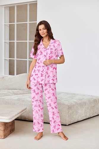 Image of Ekouaer Pajamas for Women Set Button Up Short Sleeve Pjs Sets With Pockets | Soft Womens Sleepwear,V Neck,Notch Collar,2 Piece Classic Loungewear With Long Pant for Sleep,Lounge,Fall