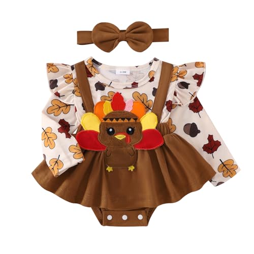 BULINGNA Newborn Baby Girl Thanksgiving Outfit Turkey Embroidery Ruffle Long Sleeve Romper Dress with Headband Fall Winter (Brown, 0-3 Months)