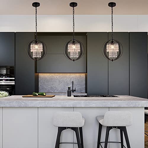 Vintage 11.8" Globe Crystal Chandelier Orb Chandeliers Pendant Lighting Spherical Hanging Lights Industrial Round Ceiling Light Fixtures For Kitchen Closet Dining Room Bedroom Farmhouse (Black) #TOP1