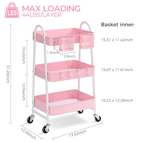 KINGRACK 3 Tier Utility Rolling Cart, Metal Rolling Storage Cart, Craft Art Cart with Handle and Locking Wheels & 2 Hanging Baskets 4 Hooks for Bathroom, Bedroom, Pink - Thumbnail 3