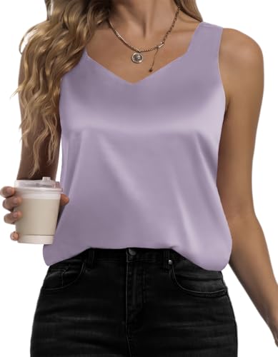 Karcermee Women's Silk Satin Tank Tops V Neck Camisole Casual Cami Sleeveless Shirt Blouses Silky Basic Tanks, Lilac, M