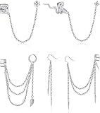 ♥ Pendientes de Cadena de Puño ♥ Un pedido viene con 5 pendientes de cadena de diferentes tonos plateados, incluye 1 pendiente de borla de hoja de pluma, 1 brazalete de oreja de serpiente, 1 brazalete de cadena de borla asimétrica, 1 pendiente de cadena CZ. Puedes probar diferentes estilos todos los días.