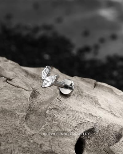 Jewseen Boucle d'oreille en titane à dos plat avec feuille en cz - Épingle à hélice pour lèvre - Piercing en cartilage 16 G - Épingle à tige labret à filetage interne, 16G 6MM, Titane Zircone cubique – vue 3