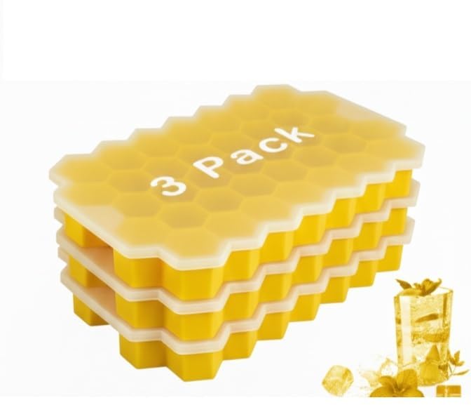 Image of AIG Silicone Ice Cube Trays with Lids - 3 Pack Easy-Release Hexagon Ice Maker for Freezer, Reusable Food-Grade Ice Molds for Cocktail Bar, Whiskey, Iced Coffee & Home Kitchen (Yellow)