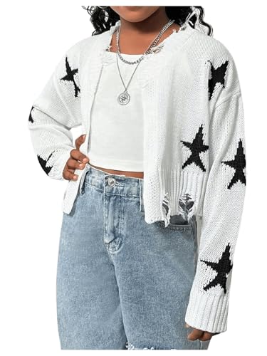WDIRARA Girl's Graphic Print Raw Hem Cardigans Long Sleeve Open Front Knitted Crop Sweaters