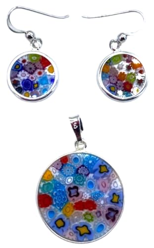 Colgante y pendientes Murrina de plata y cristal de Murano italiano artesanal