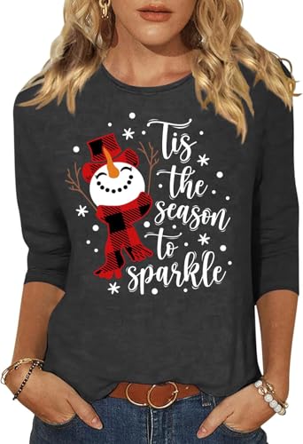 Woffccrd Womens Christmas 3/4 Sleeve Crew Neck T-Shirts Merry and Bright Leopard Christmas Tree Graphic Tee Tops (L,Dark Grey 5)