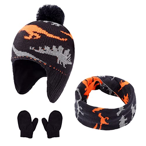 Image of ACTLATI Winter Dinosaur Boy Winter Hat Scarf Mittens Set Warm Beanies Earflap Fleece Pompom Lining Cap for Toddler Kids