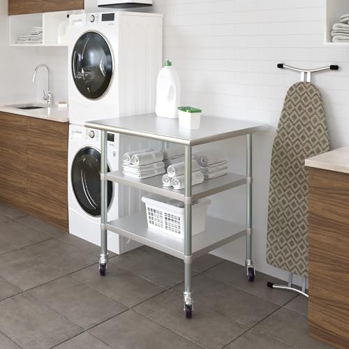Image of AmGood Stainless Steel Work Table with 2 Shelves and Casters | Metal Utility Table On Wheels (Stainless Steel Work Table with 2 Shelves + Casters, 36 inch Long x 30 inch Deep)