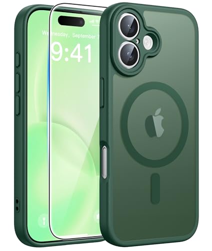 Image of FNTCASE for iPhone 16 Case: [Compatible with Magsafe] Translucent Matte Cases with [Full Camera Protection] [Screen Protector] Military Grade Shockproof Protective Phone Cover - Green