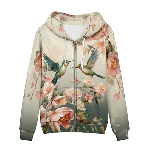 Sweat Y2K à capuche imprimé floral colibri veste vintage oversize femme XXL