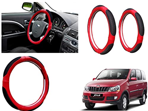 Image of Microfiber Car Steering Wheel Cover, Soft Padding Great Hand Feel, Anti-Slip, Faux Leather Steering Cover for Mahindra Xylo | Black Red Jali - Pack of 1