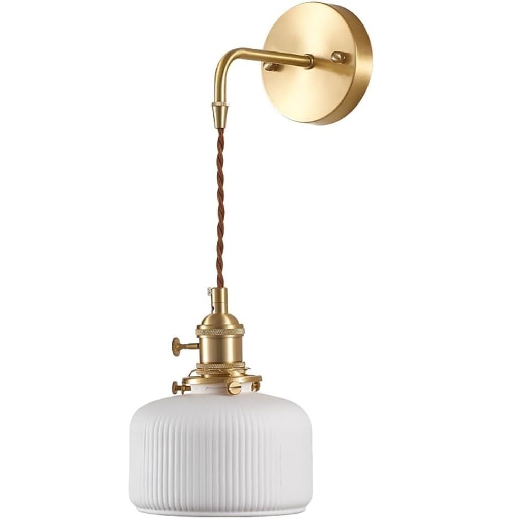 HPTHLY Vintage Nordic Ceramic Hanging Wall Light Fixtures Mid Century Brass Wall Sconce Retro Antiqued Farmhouse Hardwired Wall Mounted Lamp For Bedroom Liv(Round)