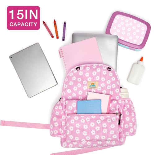 Image of STEAMEDBUN Corduroy Kids Backpack for Girls and Boys 5-8: Girls Backpack for Elementary Kindergarten - 15 inch Cute Backpacks for Kids - Pink Daisy