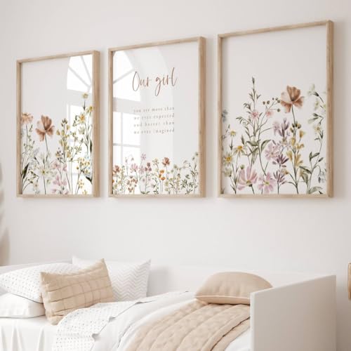 Image of 3 Pieces Wildflower Canvas Poster Print Our Girl Nursery Quotes Wall Art Floral Botanical Painting for Girl's Room Decor Ready To Hang