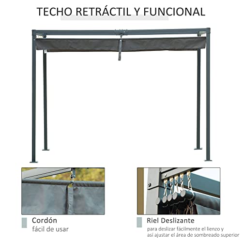 Outsunny Pérgola 3x2 m Cenador de Jardín Pabellón de Diseño Elegante con Techo Retráctil de Poliéster con Recubrimiento Resistente Anti-UV Impermeable para Celebraciones Fiestas Bodas Gris - imagen 4