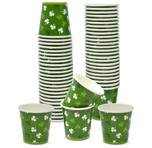 Gift Boutique 100 Pack St. Patricks Day Shamrock 2oz Paper Shot Cups Green Clover Mini Cups for Party Drinks Desserts & Irish Celebration Decor
