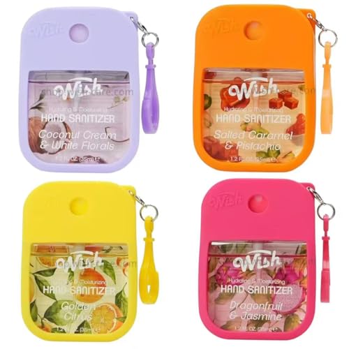 Wish Hand Sanitizer Spary Travel Size Spray 4-Piece 1.2 FL OZ (35ML) Each, Salted caramel, Coconut Cream, Dragonfruit, Golden Citrux, Hydrating and Moisturizing,(4 pack)