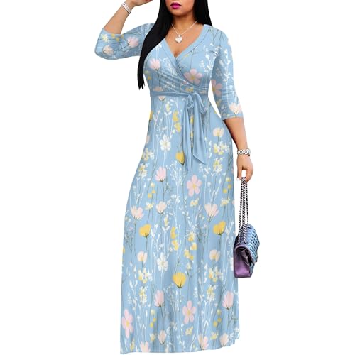 Image of PinkPatty Plus Size Maxi Dress for Women Casual V Neck 3 /4 Sleeve Boho Printed Long Dress with Pockets
