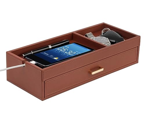 HofferRuffer Valet Jewelry Tray Organizer with Drawer, Faux Leather Storage Catchall Box Phone Charging Station Tray with Dresser Nightstand Desktop Drawer Organizer (Brown)