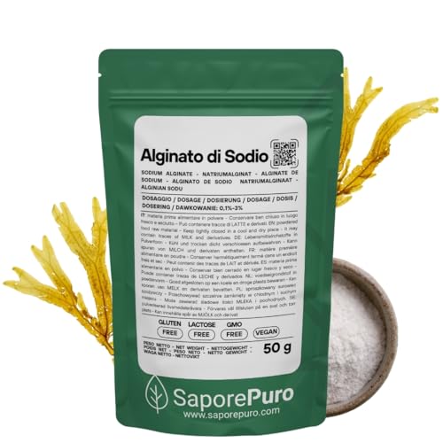 Saporepuro ALGINATO DI SODIO 50 gr - addensante e gelificante alimentare - Alta Qualità