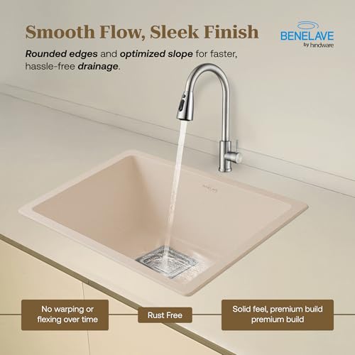 Image of Benelave by Hindware BLACP91007 Quartz Sink 21x18 for Kitchen | Single Bowl | Peach Aura Color | Better Sound Absorption for Quieter Use | 7-year Manufacturer Warranty
