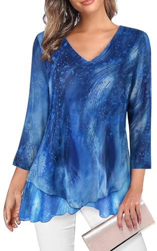 Adigaber Camisas para Mujer Elegante Manga 3/4 y Cuello en V Blusa Suelta Sólidos Estampadas Casual Gasa Shirt