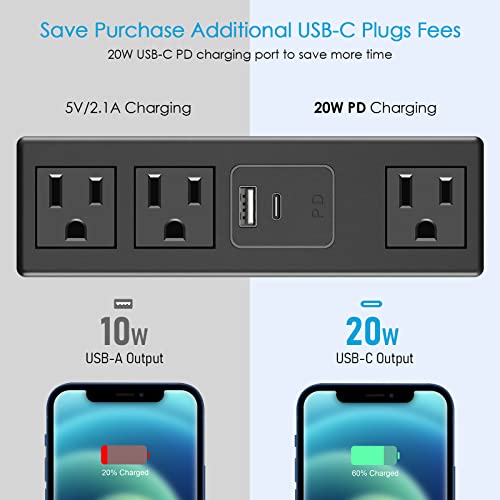 Cccei Desk Clamp Power Strip With Pd 3.0 Fast Charging Usb C Port, On Desktop Mount Widely Spaced Outlet 6 Ft Flat Plug, Fit 1.6 Inch Tabletop Edge Thick, 125V 12A 1500W (Black) #TOP1