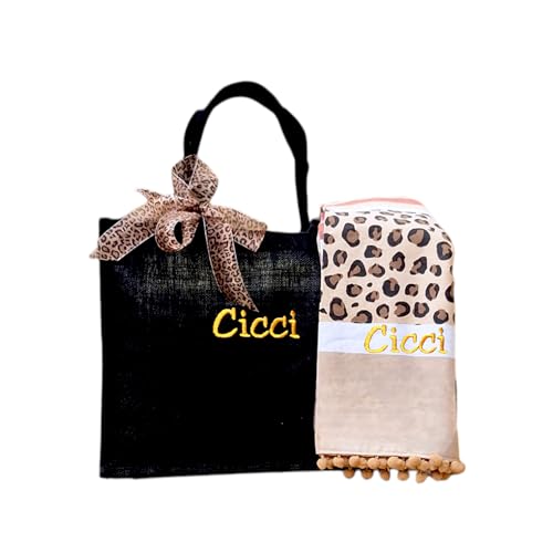 Borsa In Juta e Telo Mare Ricamate. Borsa e telo personalizzate. Set spiaggia idea regalo maestre, compleanno, festa della mamma (Black Savana, 42x33)