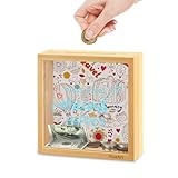 Piggy Banks for Adults, Wooden Money Coin Bank for Boys and Girls, Coin Bank Money Bank, Sized 6.5x6.5x2.2 Inch, Natural Wood Money Box, Printed on The Plexiglass Front-Make Your Dreams Happen.