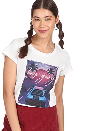 Image of Women White Cotton Graphic Print T-Shirt
